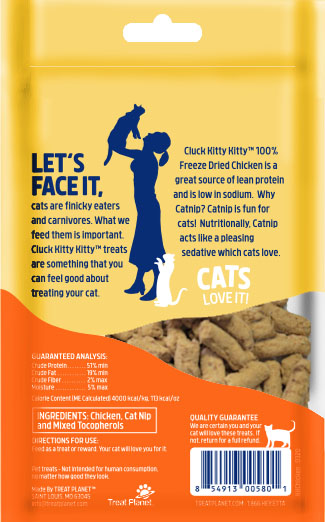 An image of Treat Planet – Cluck Kitty Kitty 100 % Freeze Dried Chicken Treat with Catnip Coating – wt 0.75oz