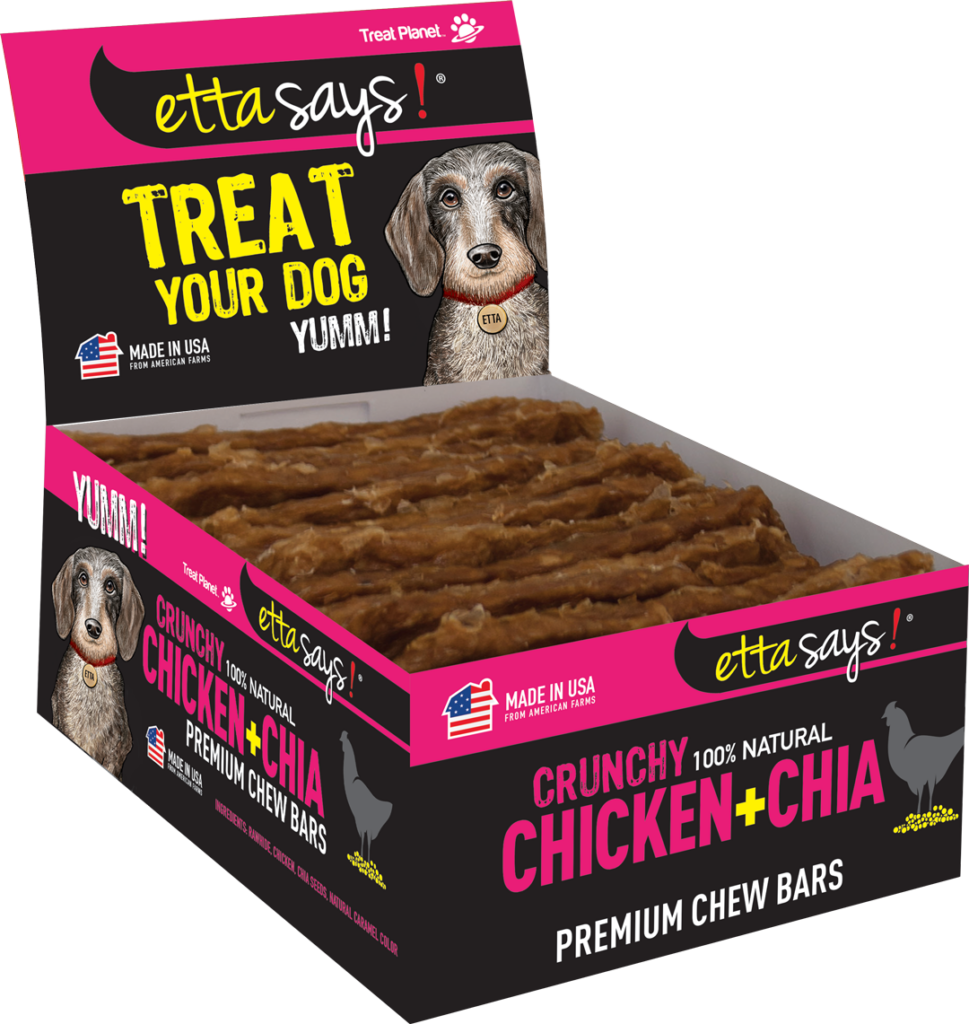An image of Treat Planet – Premium Crunchy – Bars – Chicken and Chia- 12 per box – sold as display box only – Note individual units not UPC labeled