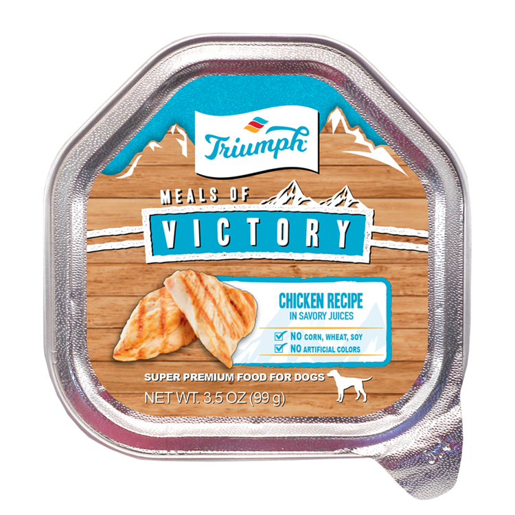 An image of Sunshine Mills, Inc. - Triumph Meals of Victory Chicken Recipe in Savory Juices Wet Cup Dog Food (15 units sleeve) 3.5oz.