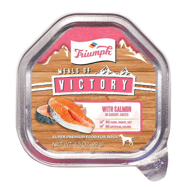 An image of Sunshine Mills, Inc. - Triumph Meals of Victory With Salmon in Savory Juices Wet Cup Dog Food (15 units sleeve) 3.5oz.