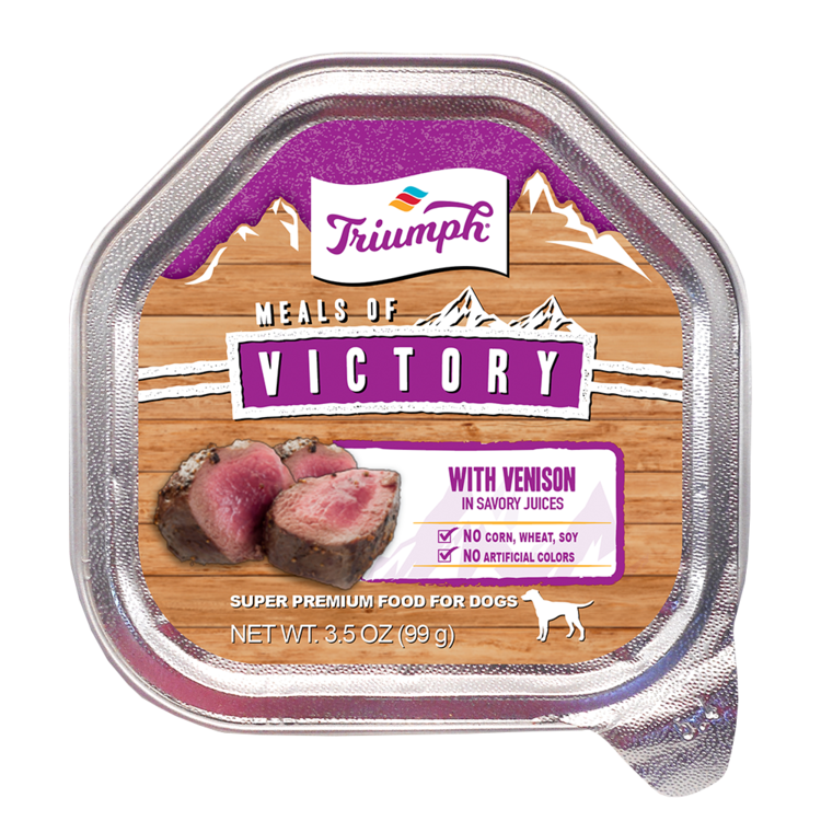 An image of Sunshine Mills, Inc. - Triumph Meals of Victory With Venison in Savory Juices Wet Cup Dog Food (15 units sleeve) 3.5oz.