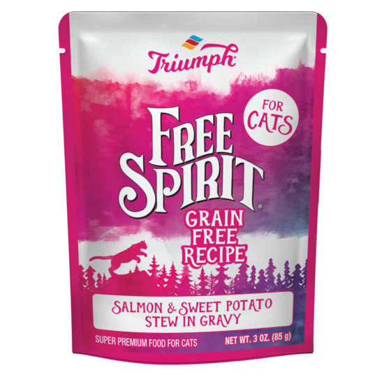An image of Sunshine Mills, Inc. – Triumph Free Spirit Grain Free Salmon and Sweet Potato Stew in Gravy Wet Pouch Cat Food (2 sleeves – 12 units; total – 24 units) 3oz.