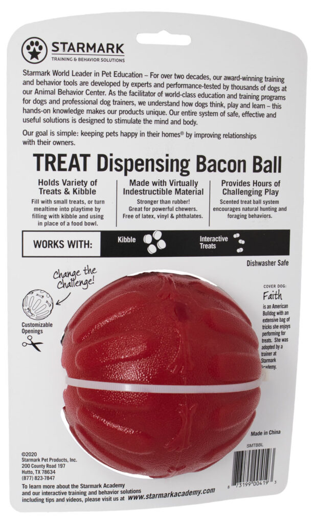An image of Starmark Pet Products – Treat Dispensing Bacon Ball 4in