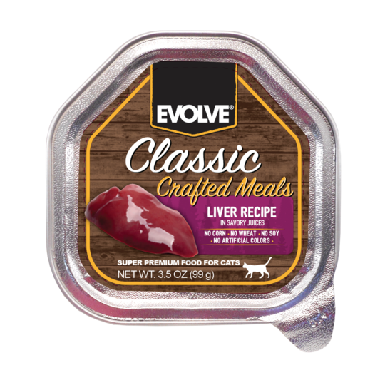 An image of Sunshine Mills, Inc. – Evolve Classic Crafted Meals Liver Recipe in Savory Juices Wet Cup Cat Food (15 units sleeve) 3.5oz