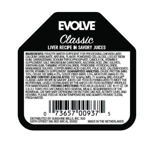 An image of Sunshine Mills, Inc. – Evolve Classic Crafted Meals Liver Recipe in Savory Juices Wet Cup Cat Food (15 units sleeve) 3.5oz