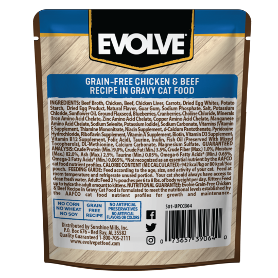 Sunshine Mills Inc. Evolve Grain Free Chicken and Beef Recipe in Gravy Wet Pouch Cat Food 2 sleeves 12 units total 24 units 3oz Pet Insight