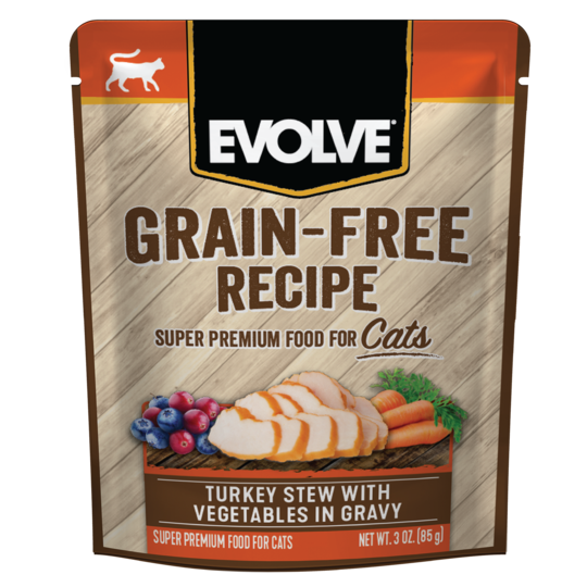 Sunshine Mills Inc. Evolve Grain Free Turkey Stew with Vegetables in Gravy Wet Pouch Cat Food 2 sleeves 12 units total 24 units 3oz Pet Insight