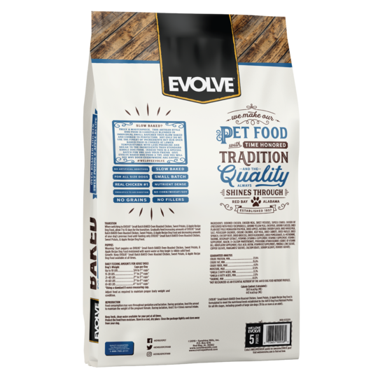 An image of Sunshine Mills, Inc. – Evolve Small Batch Baked Grain Free Oven Roasted Chicken, Sweet Potato, and Apple Recipe Dry Dog Food 11lb