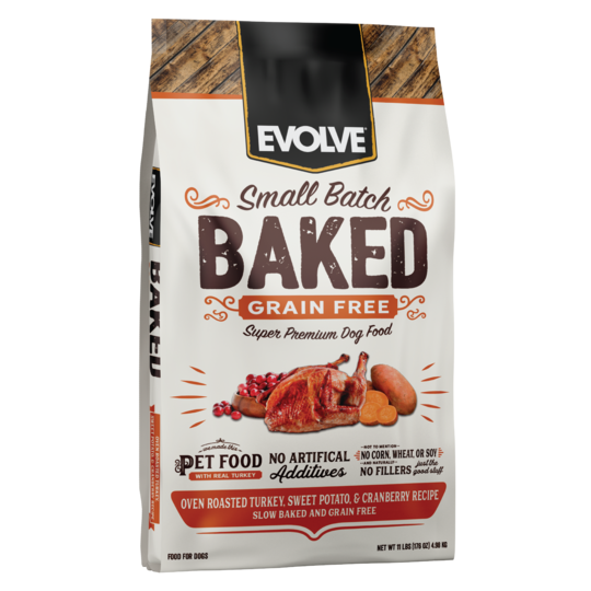 An image of Sunshine Mills, Inc. – Evolve Small Batch Baked Grain Free Oven Roasted Turkey, Sweet Potato, and Cranberry Recipe Dry Dog Food 11lb