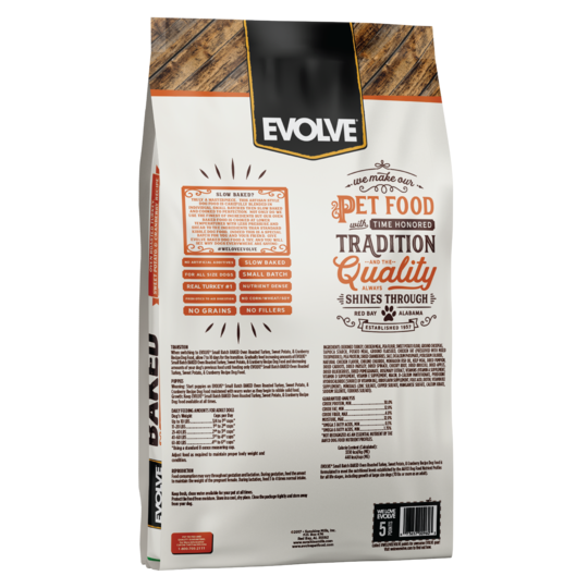 An image of Sunshine Mills, Inc. – Evolve Small Batch Baked Grain Free Oven Roasted Turkey, Sweet Potato, and Cranberry Recipe Dry Dog Food 11lb