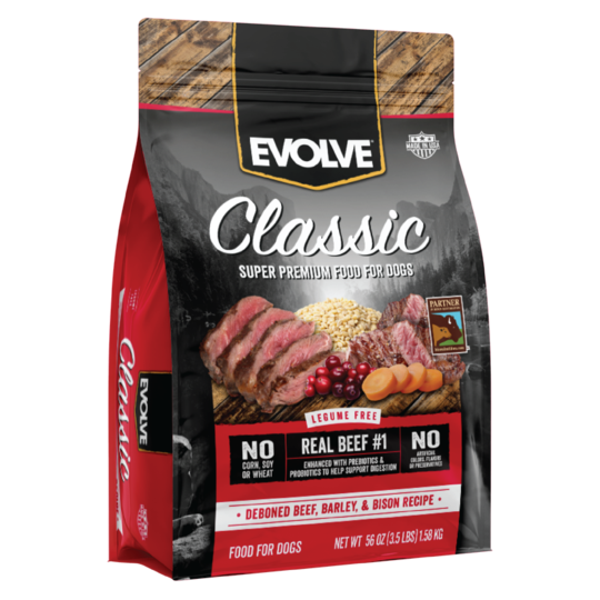 An image of Sunshine Mills, Inc. – Evolve Classic Deboned Beef, Barley, and Bison Recipe Dry Dog Food 3.5lb