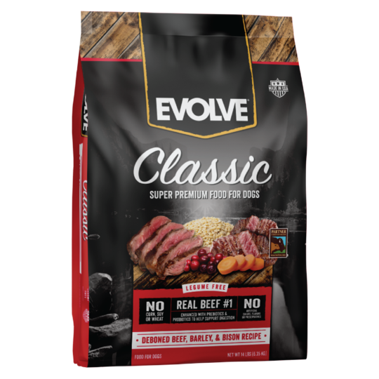 An image of Sunshine Mills, Inc. – Evolve Classic Deboned Beef, Barley, and Bison Recipe Dry Dog Food 14lb