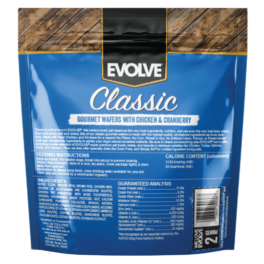 An image of Sunshine Mills, Inc. – Evolve Classic With Chicken and Cranberry Gourmet Wafers Dog Treats 12oz