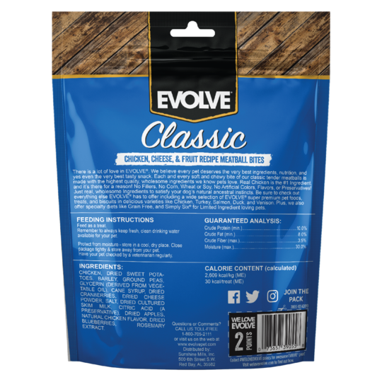 An image of Sunshine Mills, Inc. – Evolve Classic Chicken, Cheese, and Fruit Recipe Meatball Bites Dog Treats 6oz