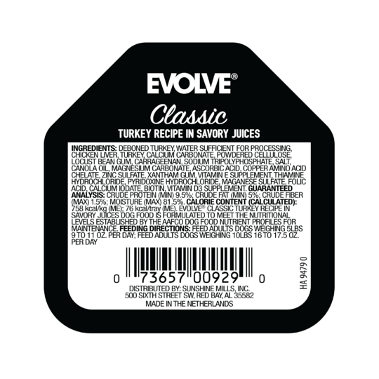 Sunshine Mills, Inc. Evolve Classic Crafted Meals Turkey Recipe in Savory Juices Wet Cup Dog