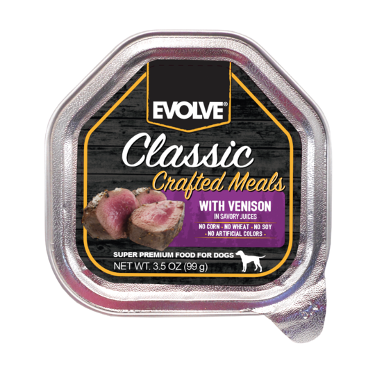 An image of Sunshine Mills, Inc. – Evolve Classic Crafted Meals With Venison in Savory Juices Wet Cup Dog Food (15 units sleeve) 3.5oz