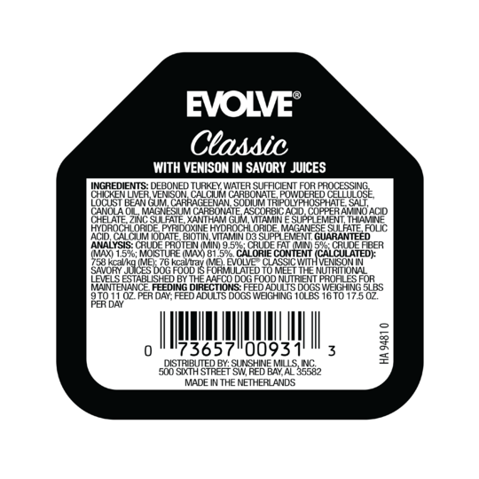 An image of Sunshine Mills, Inc. – Evolve Classic Crafted Meals With Venison in Savory Juices Wet Cup Dog Food (15 units sleeve) 3.5oz