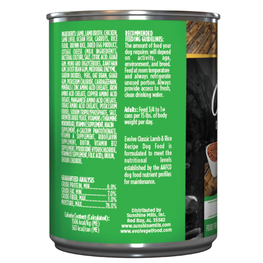 An image of Sunshine Mills, Inc. – Evolve Classic Lamb and Rice Recipe Canned Dog Food 13.2oz