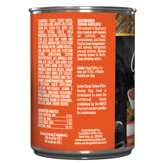 An image of Sunshine Mills, Inc. – Evolve Classic Turkey and Rice Recipe Canned Dog Food 13.2oz