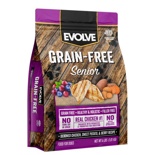 An image of Sunshine Mills, Inc. – Evolve Grain Free Senior Deboned Chicken, Sweet Potato, and Berry Recipe Dry Dog Food 4lb