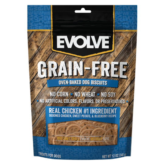 An image of Sunshine Mills, Inc. – Evolve Grain-Free Oven-Baked Dog Biscuits Deboned Chicken, Sweet Potato, and Blueberry Recipe Biscuits Dog Treats 12oz