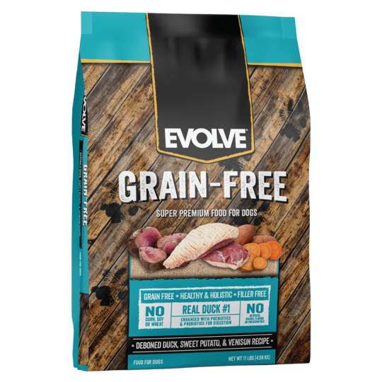 An image of Sunshine Mills, Inc. – Evolve Grain Free Deboned Duck, Sweet Potato, and Venison Recipe Dry Dog Food 11lb