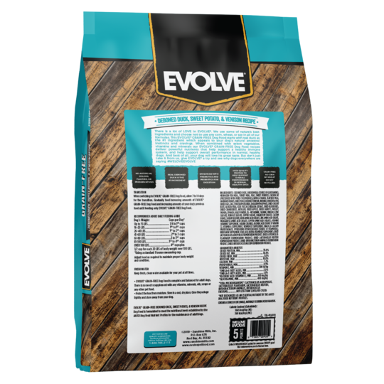 An image of Sunshine Mills, Inc. – Evolve Grain Free Deboned Duck, Sweet Potato, and Venison Recipe Dry Dog Food 11lb