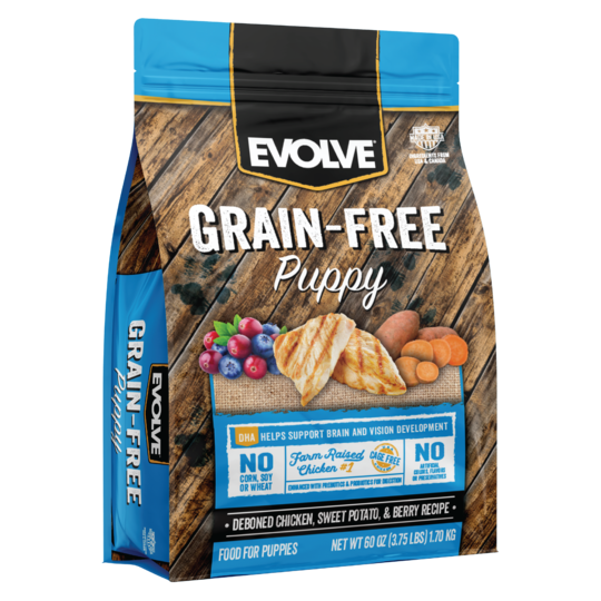 An image of Sunshine Mills, Inc. – Evolve Grain Free Puppy Deboned Chicken, Sweet Potato, and Berry Recipe Dry Dog Food 3.75lb