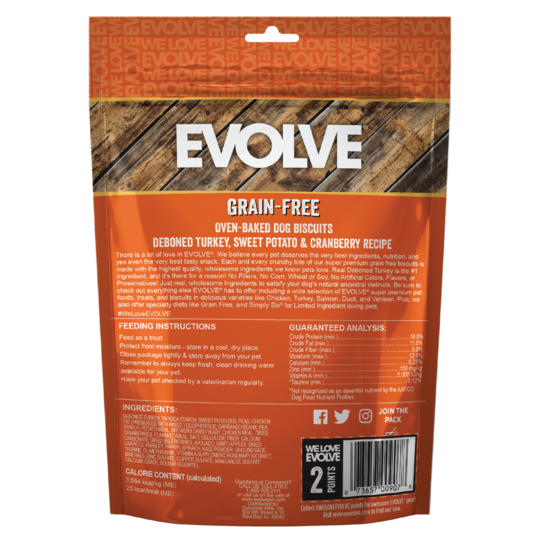 An image of Sunshine Mills, Inc. – Evolve Grain-Free Oven-Baked Dog Biscuits Deboned Turkey, Sweet Potato, and Cranberry Recipe Biscuits Dog Treats 12oz