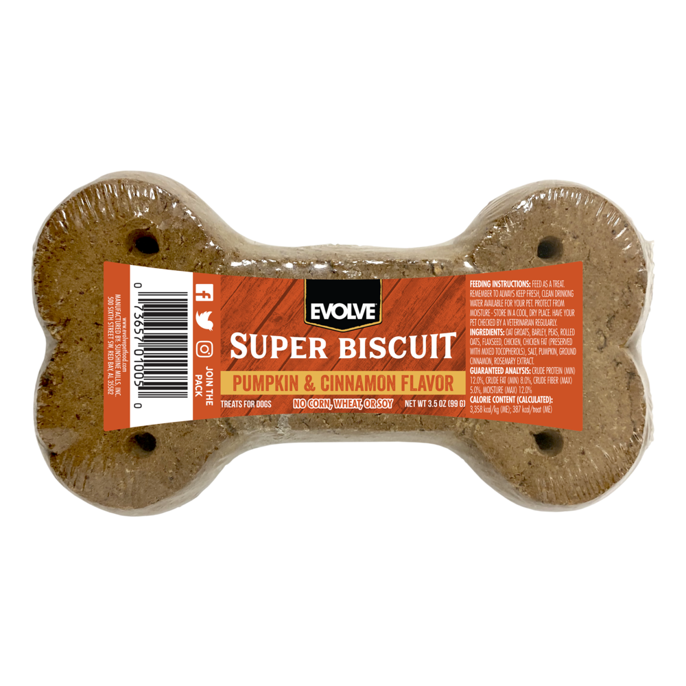 An image of Sunshine Mills, Inc. – Evolve Super Biscuit Pumpkin and Cinnamon Flavor Biscuits Dog Treats (2 packs – 15 units; total – 30 units) 3.5oz