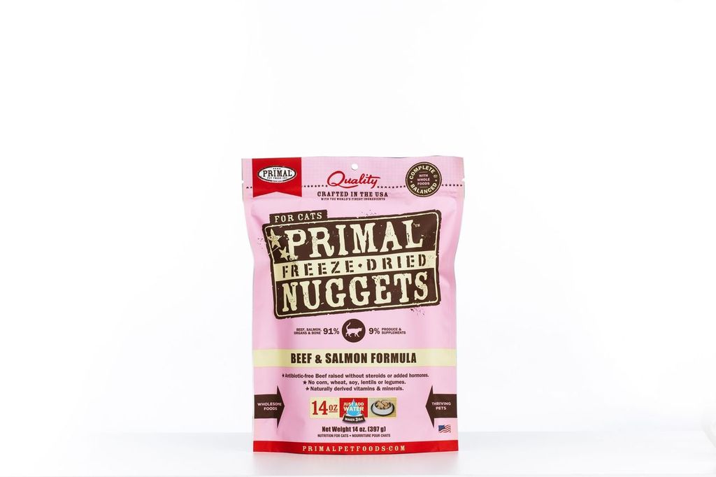 An image of Primal Pet Foods – 14oz Feline Beef & Salmon Formula Nuggets