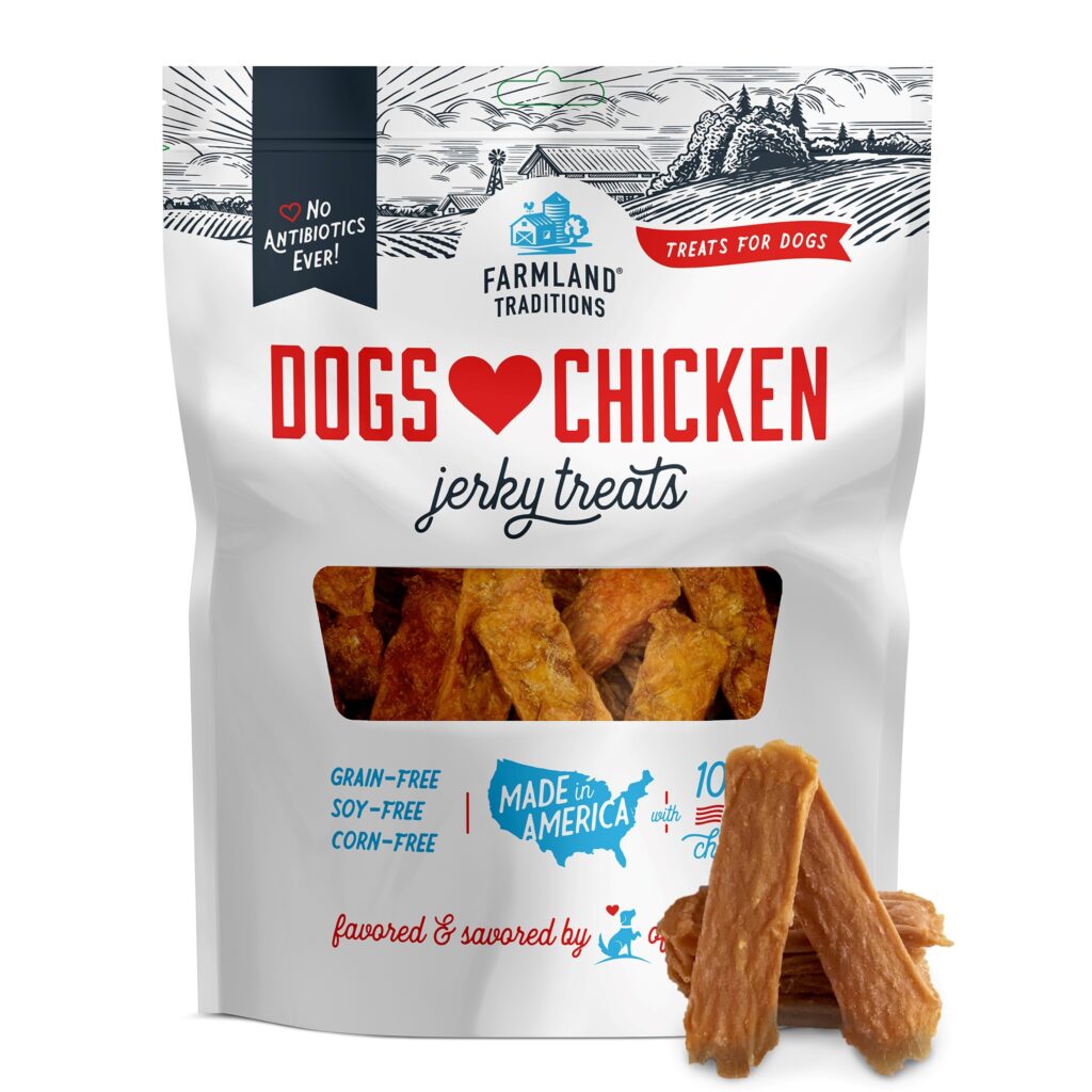 An image of Farmland Traditions – Dogs Love Chicken Jerky Treats (Strips) – 16oz