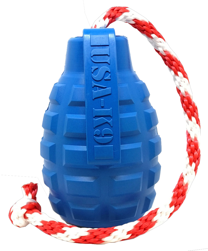 An image of SodaPup - True Dogs, LLC - USA-K9 Grenade Reward Toy - Medium - Blue