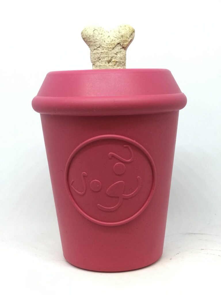 An image of SodaPup – True Dogs, LLC – MKB Coffee Cup Treat Dispenser – Medium – pink