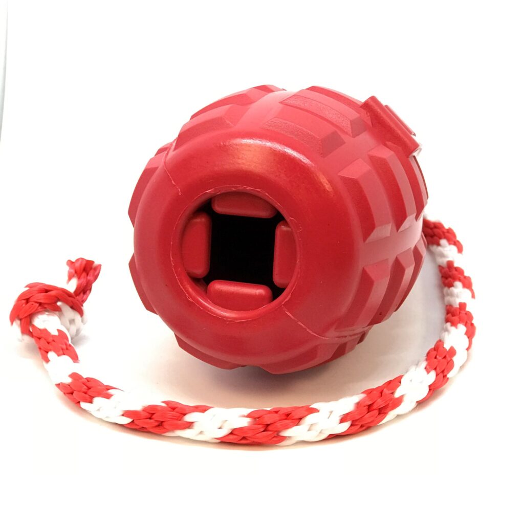 An image of SodaPup – True Dogs, LLC – USA-K9 Grenade Reward Toy – Medium – Red