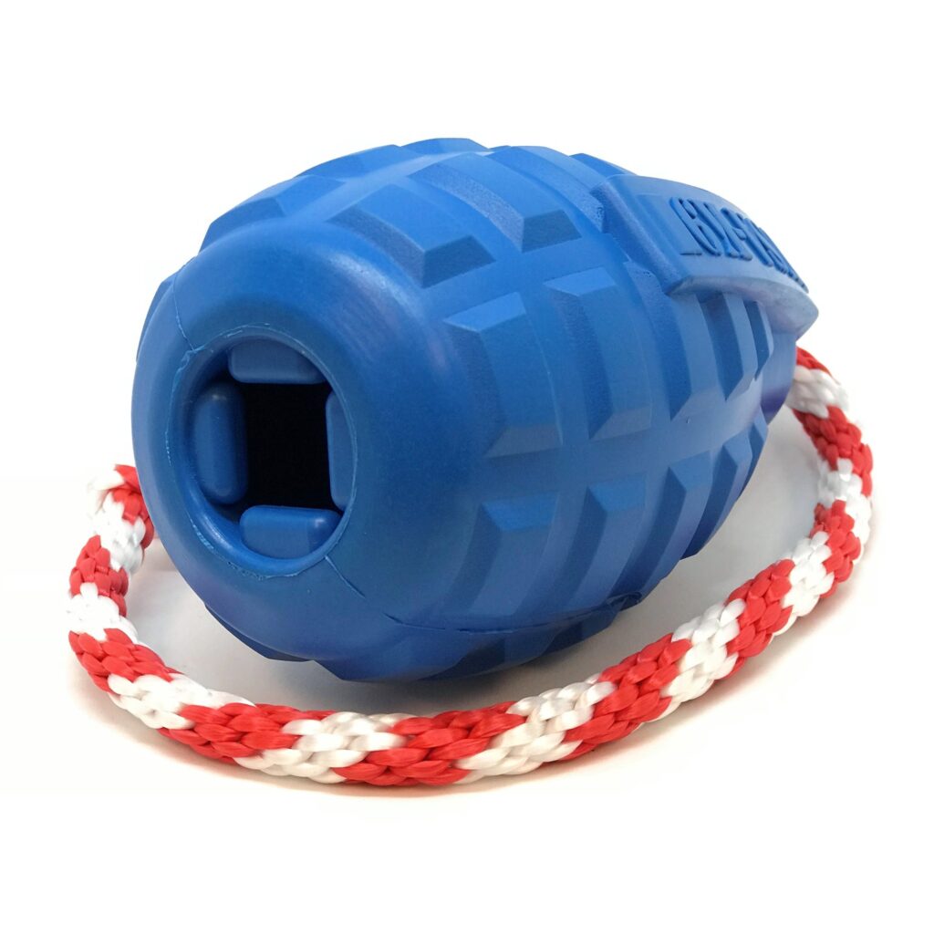 An image of SodaPup – True Dogs, LLC – USA-K9 Grenade Reward Toy – XL – Blue