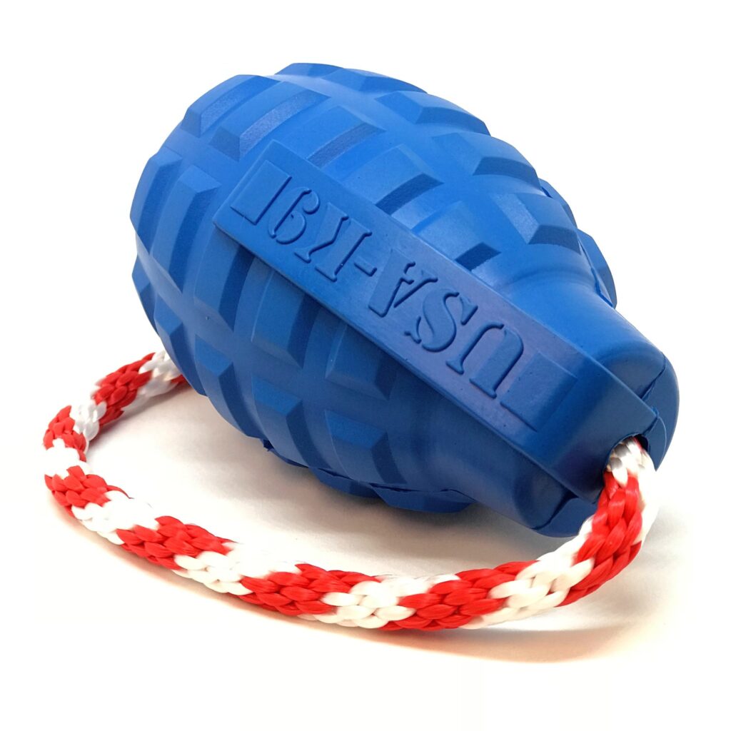 An image of SodaPup – True Dogs, LLC – USA-K9 Grenade Reward Toy – Medium – Blue