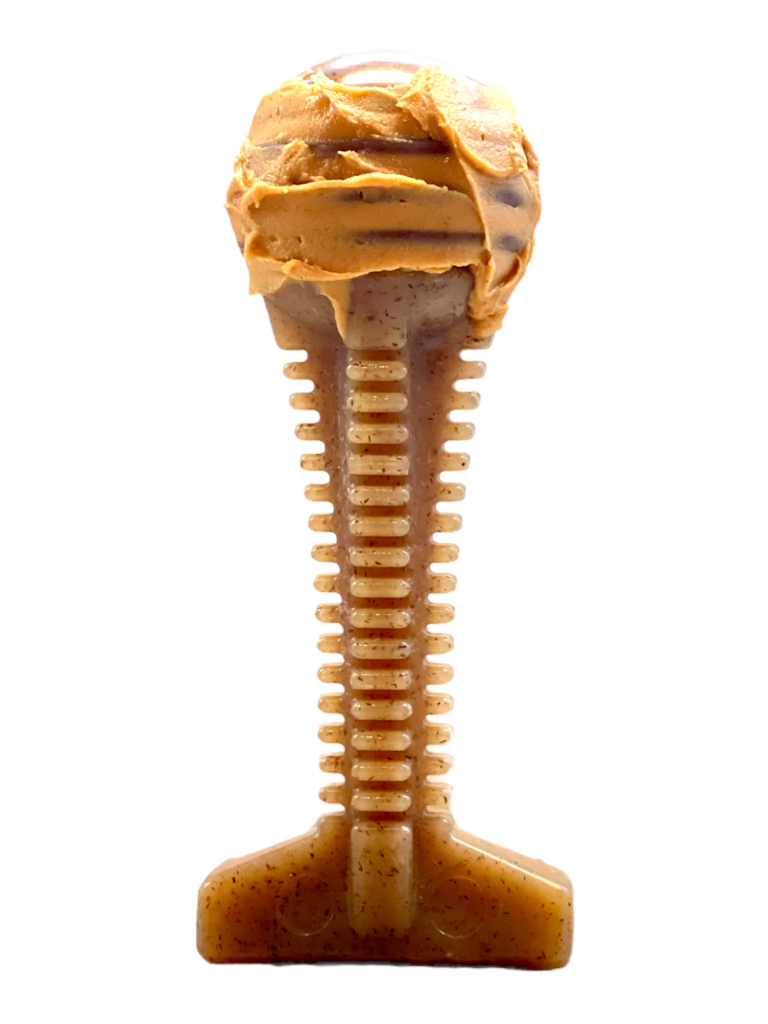 An image of SodaPup – True Dogs, LLC – SP Nylon Honey Bone – Dental Tower – Honey Colored with Liver Palatant