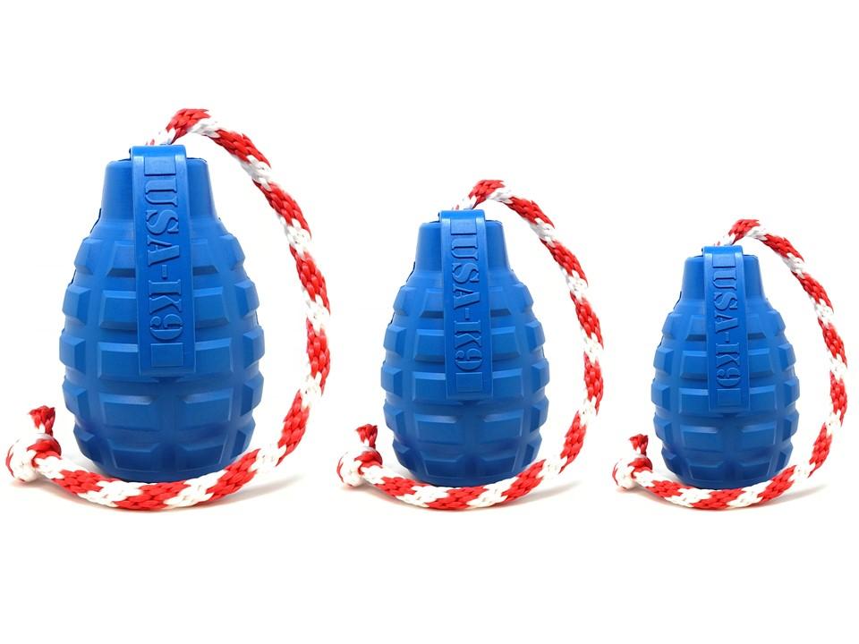 An image of SodaPup – True Dogs, LLC – USA-K9 Grenade Reward Toy – Medium – Blue