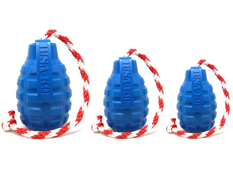 An image of SodaPup – True Dogs, LLC – USA-K9 Grenade Reward Toy – Large – Blue