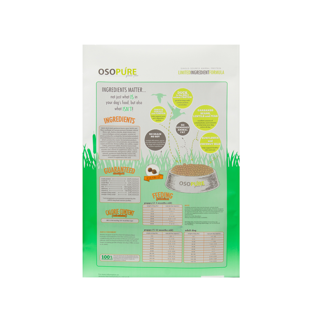 An image of Artemis Pet Food Company, Inc. – Osopure – Grain Free Duck & Garbanzo Beans Dry Dog Food – 10 lb